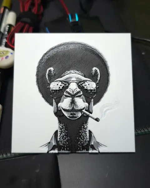 Cuadro en blanco y negro de un camello con afro y gafas, Funky Kamel