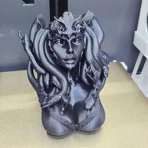 Busto de Medusa impreso en 3D en gris oscuro sobre fondo blanco